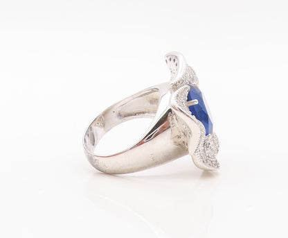 925 Sterling Silver Vintage Ring Oval Sapphire & CZ Inlay Flower Sz 7.5  RG30236