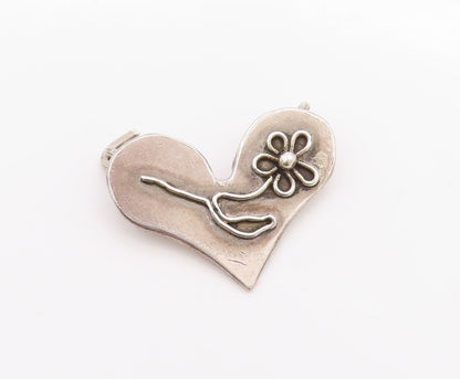 925 Sterling Silver Vintage Pendant Dark Tone Floral Carved Love Heart  PT24630