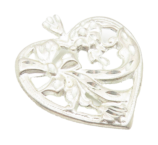 925 Sterling Silver  Vintage Shiny Diamond Cut Ribbon Heart Pendant  PT8690