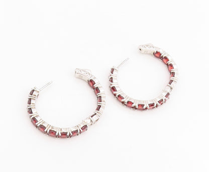 925 Sterling Silver Vintage Earrings Round Red Garnet Modernist Hoops  EG13742