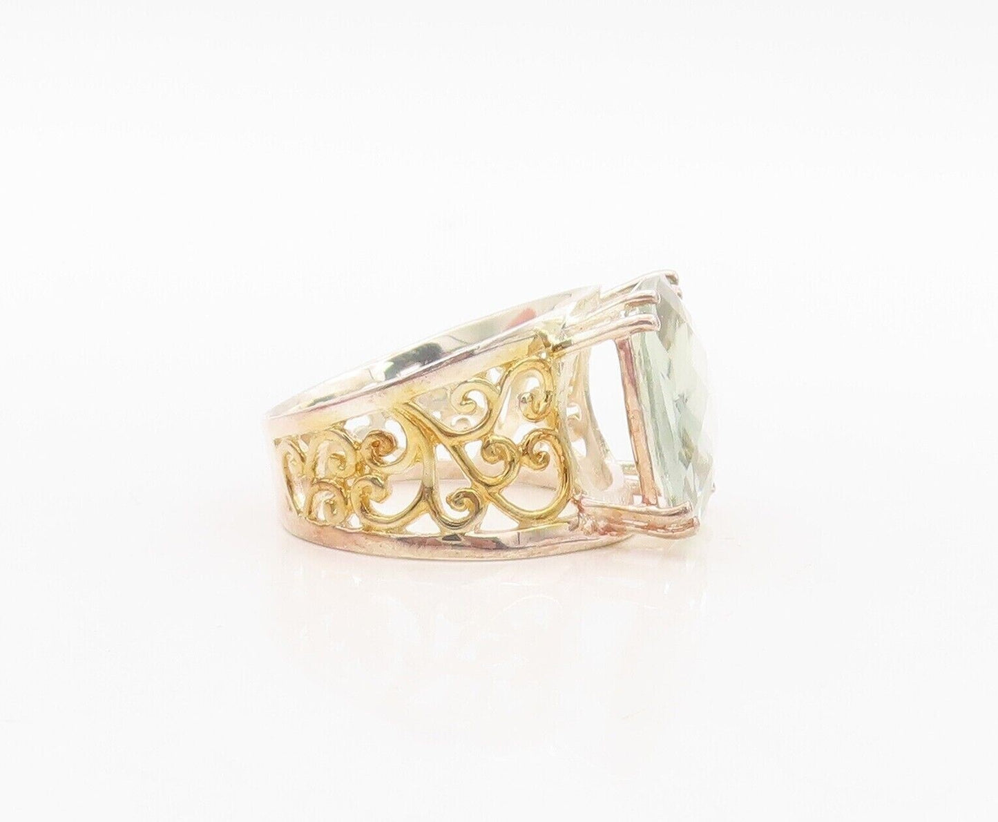 925 Sterling Silver Vintage Ring Gold Plated Carved Green Amethyst Sz 7  RG30072