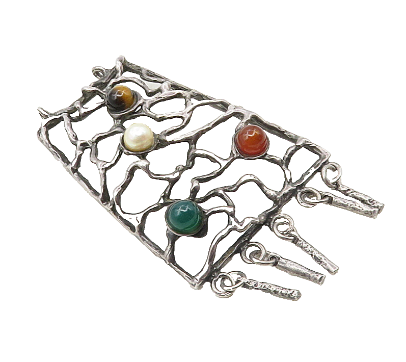 925 Silver  Vintage Modernist Pearl Carnelian & Tiger's Eye Pendant  PT7082