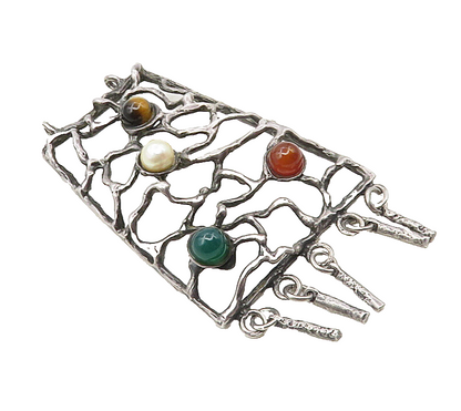 925 Silver  Vintage Modernist Pearl Carnelian & Tiger's Eye Pendant  PT7082