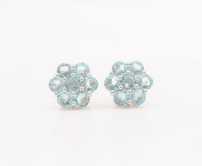 925 Sterling Silver Vintage Earrings Round Blue CZ Beaded Flower  EG12999