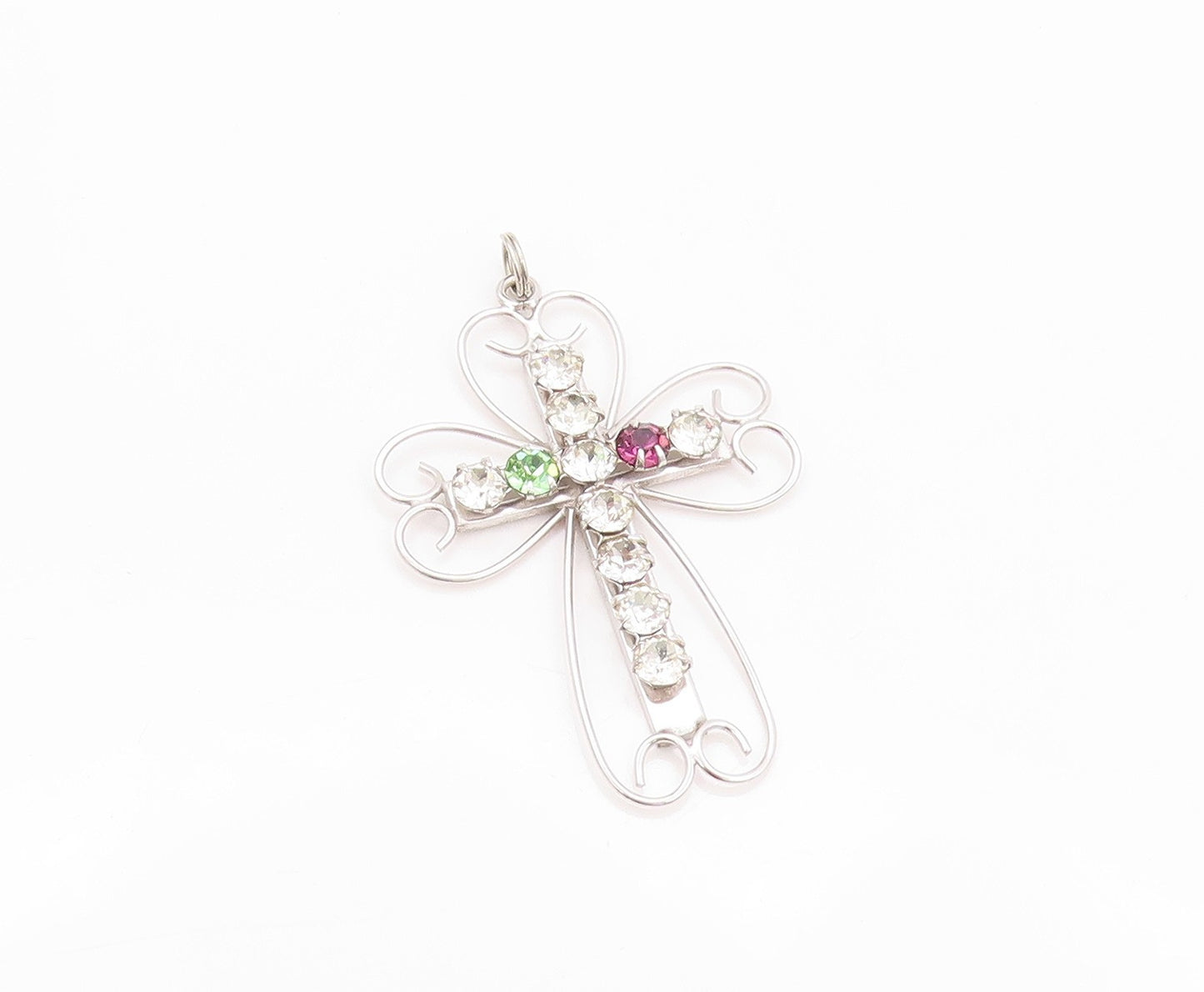 925 Sterling Silver Vintage Pendant Designer Cutout Rhinestone Cross  PT24066