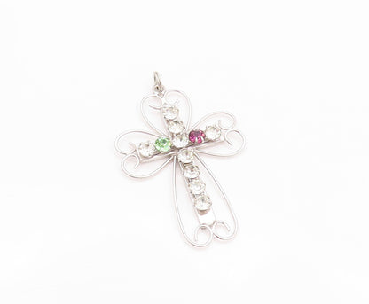 925 Sterling Silver Vintage Pendant Designer Cutout Rhinestone Cross  PT24066