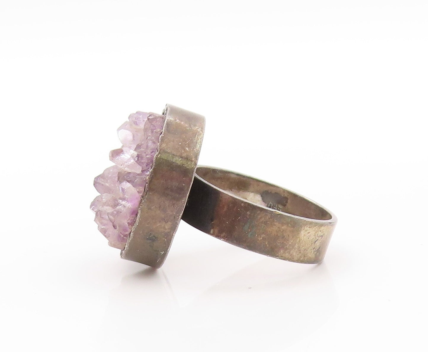 925 Sterling Silver Vintage Ring Dark Tone Round Rough Amethyst  Sz 7  RG32737