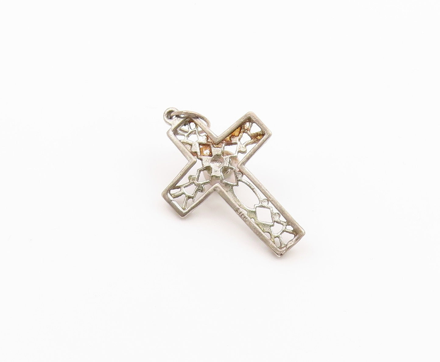 925 Silver  Vintage Openwork Religious Cross Fresh Water Pearl Pendant PT21319