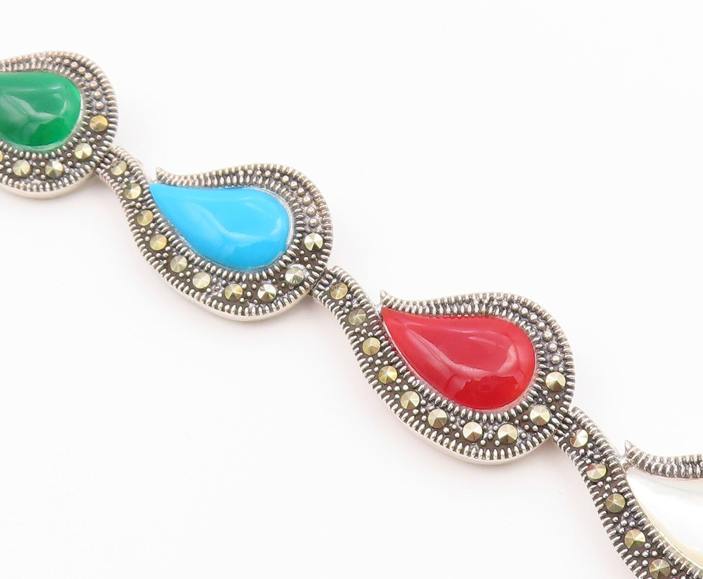 925 Silver Vintage Mother Of Pearl Turquoise & Multi Stone Bracelet BT3713
