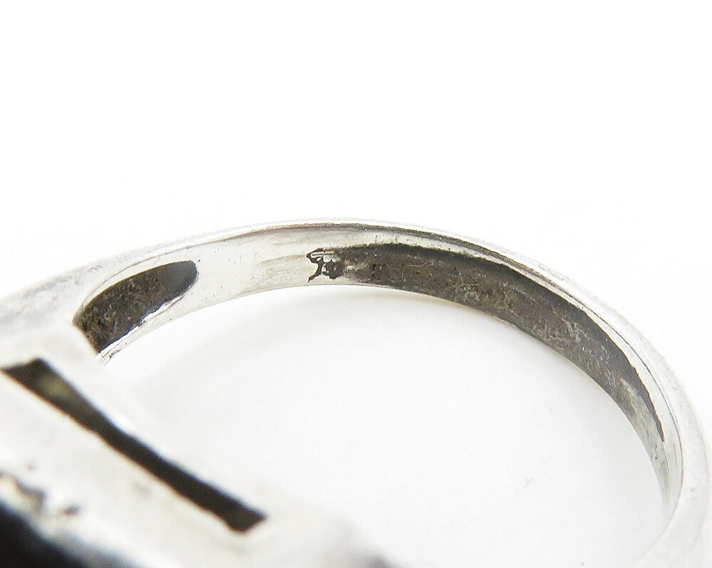 925 Silver  Vintage Mother Of Pearl & Black Onyx Dome Band Ring Sz 5  RG19280