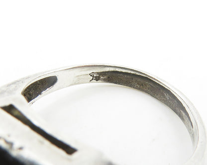 925 Silver  Vintage Mother Of Pearl & Black Onyx Dome Band Ring Sz 5  RG19280