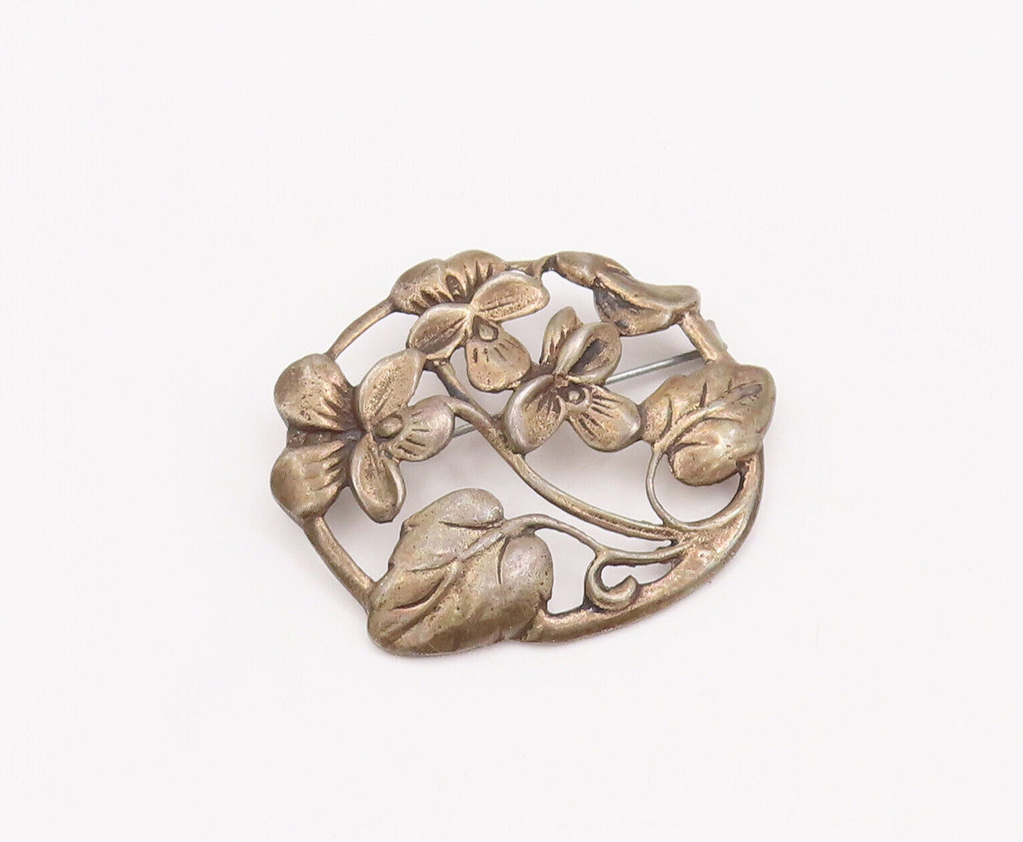 925 Sterling Silver Vintage Brooch Pin Antique Floral Design Carved  BP10939