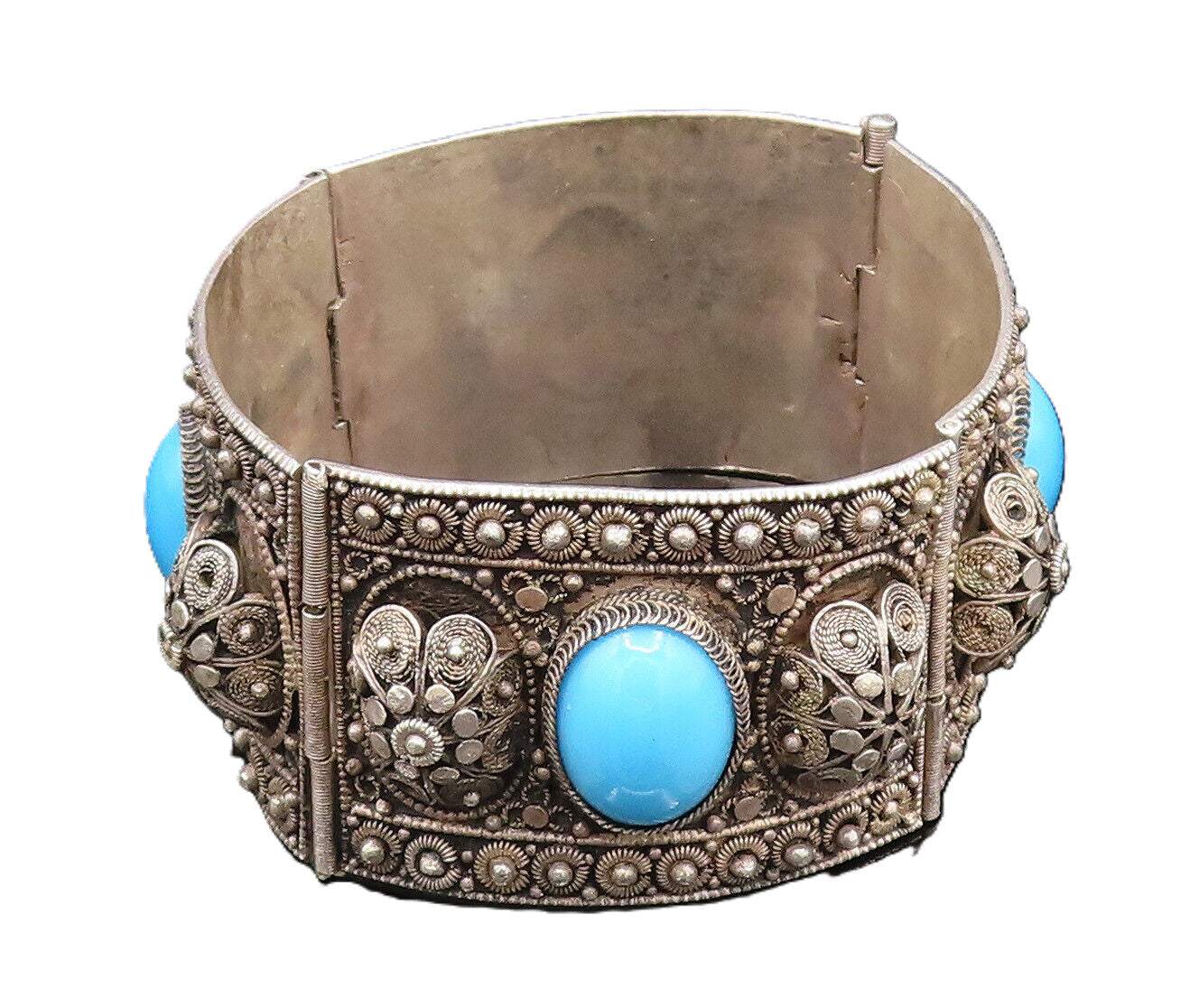 ISRAEL 925 Silver  Vintage 3D Spiral Floral Turquoise Link Bracelet  BT9577