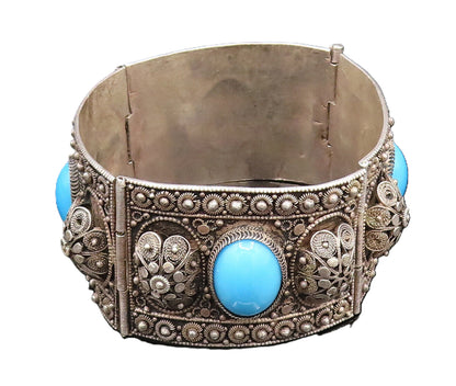 ISRAEL 925 Silver  Vintage 3D Spiral Floral Turquoise Link Bracelet  BT9577