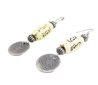 925 Sterling Silver  Vintage Antique Carved Stone Dangle Earrings  EG4372