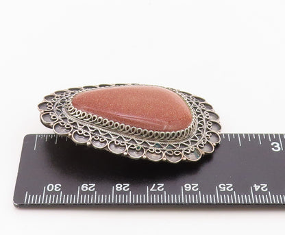925 Sterling Silver Vintage Brooch ISRAEL Classic Goldstone Teardrop Pin BP12580