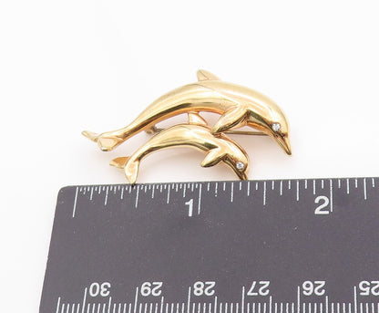 925 Sterling Silver Vintage Brooch Gold Plated CZ Dolphin Mother & Baby  BP11806