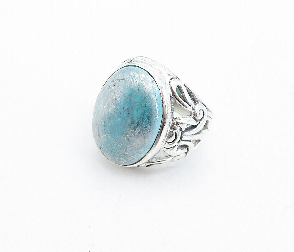 925 Sterling Silver  Vintage Turquoise Shiny Swirl Cocktail Ring Sz 7.5 RG5398