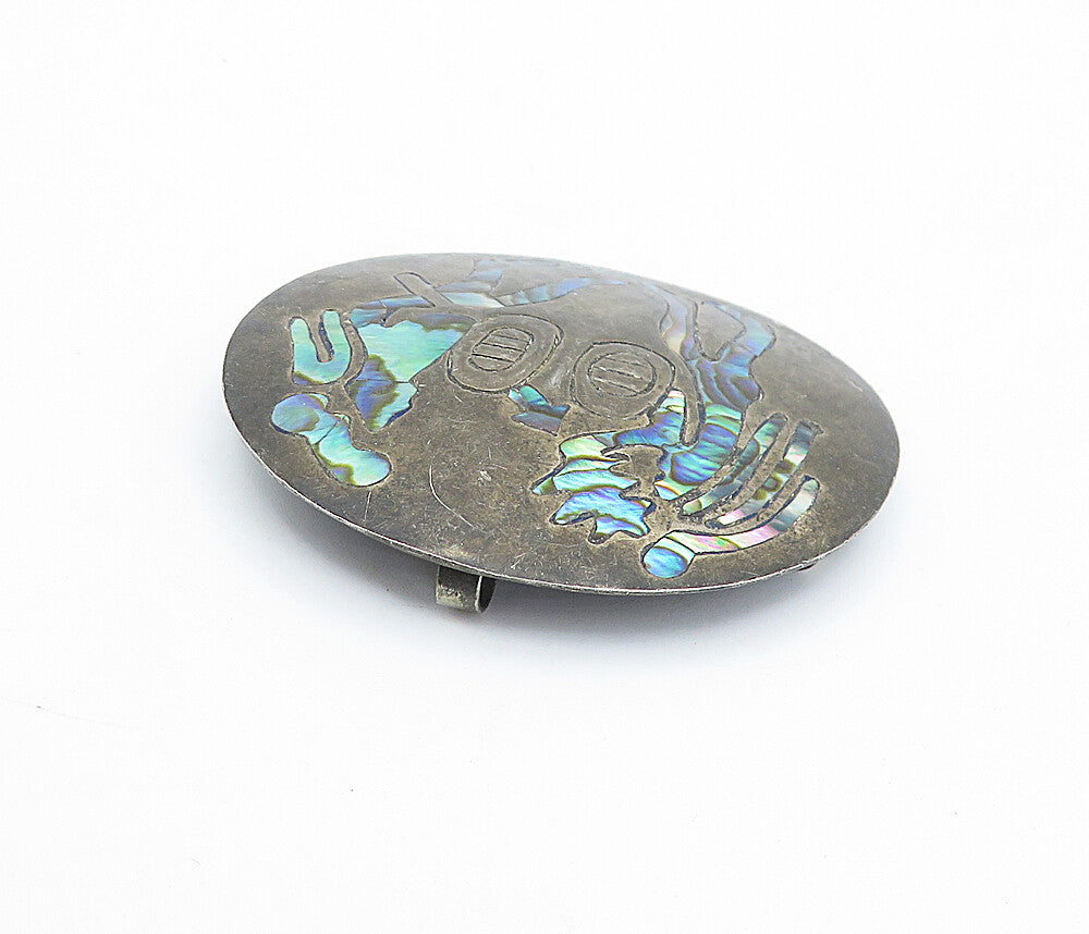 MEXICO 925 Sterling Silver Vintage Inlaid Abalone Shell Brooch Pin BP1332