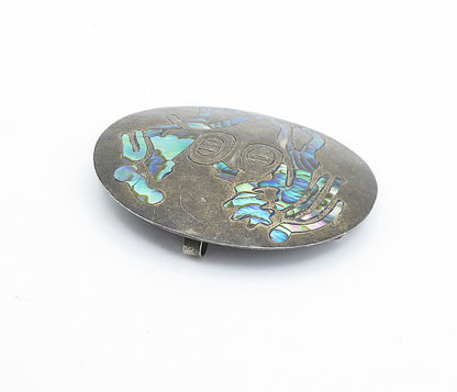 MEXICO 925 Sterling Silver Vintage Inlaid Abalone Shell Brooch Pin BP1332