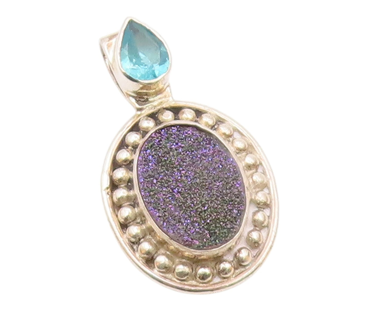 925 Sterling Silver  Vintage Pear Shaped Topaz & Druzy Beaded Pendant  PT20375