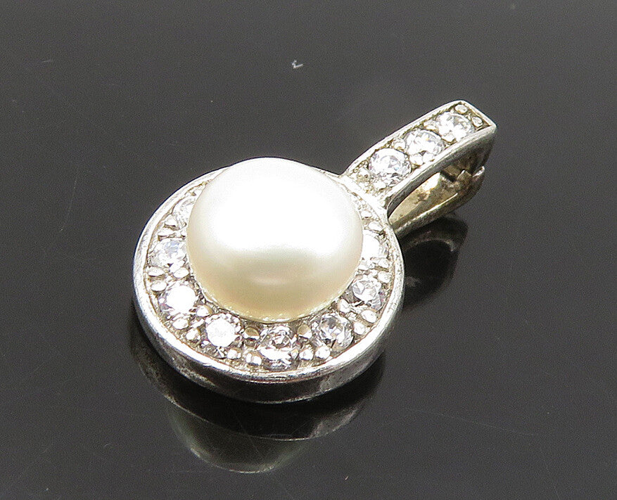 925 Sterling Silver  Vintage Petite Pearl & Cubic Zirconia Pendant  PT14749
