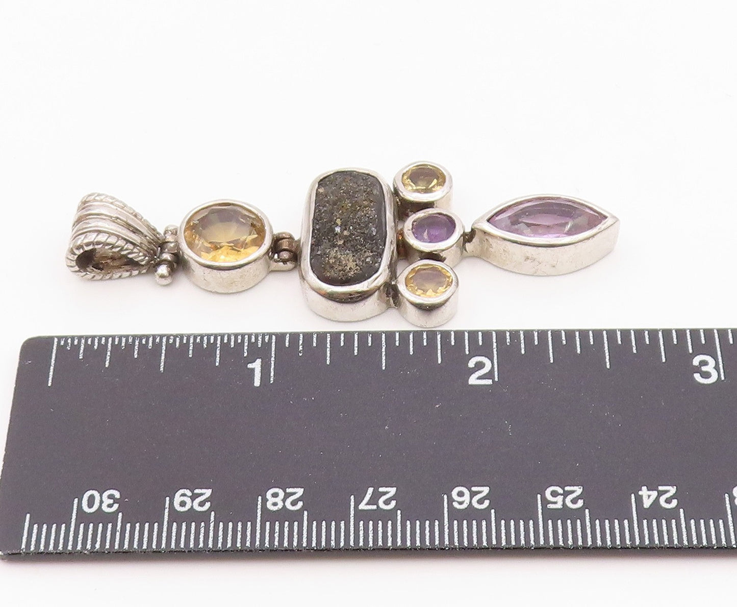 925 Sterling Silver  Vintage Amethyst Citrine & Druzy Hinge Pendant  PT17992
