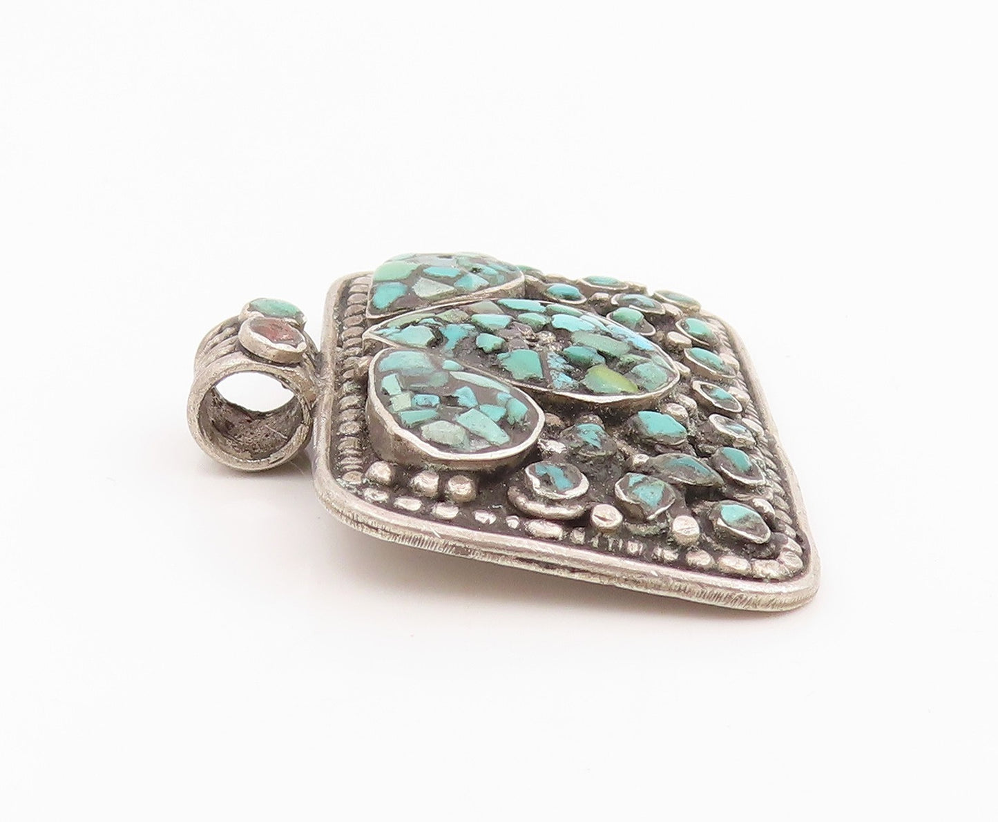 925 Sterling Silver Vintage Pendant Classic Crushed Turquoise Inlay  PT26237