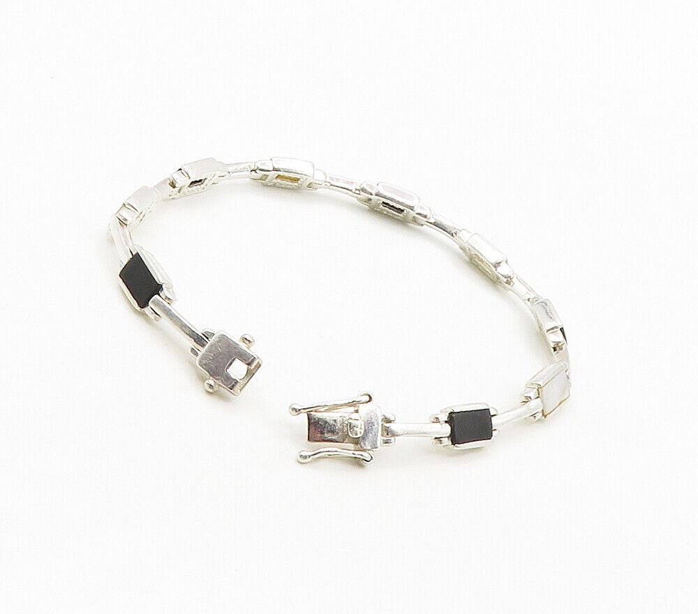925 Sterling Silver  Mother Of Pearl & Black Onyx Shiny Chain Bracelet  BT6138