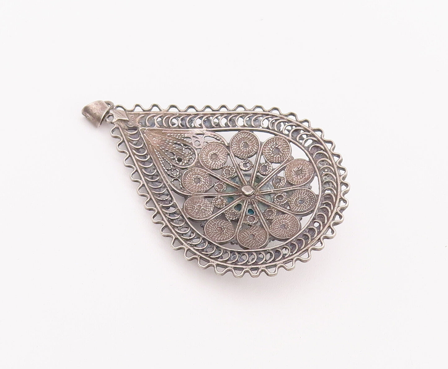 925 Sterling Silver Vintage Pendant Drop Floral Carved Domed Turquoise  PT22813