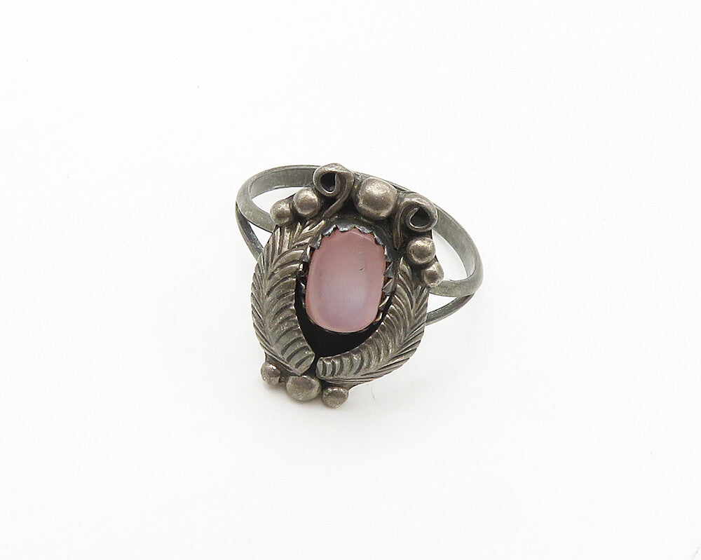 NAVAJO 925 Sterling Silver Vintage Mother Of Pearl Floral Ring Sz 7.5  RG18243