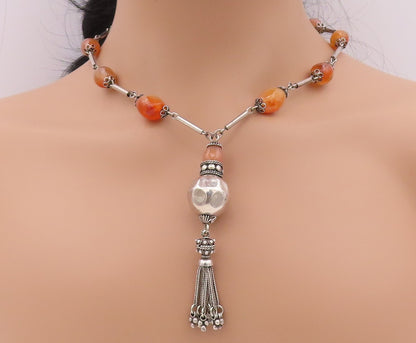 925 Sterling Silver Vintage Necklace Designer Gemstone Beaded Tassel  NE4312