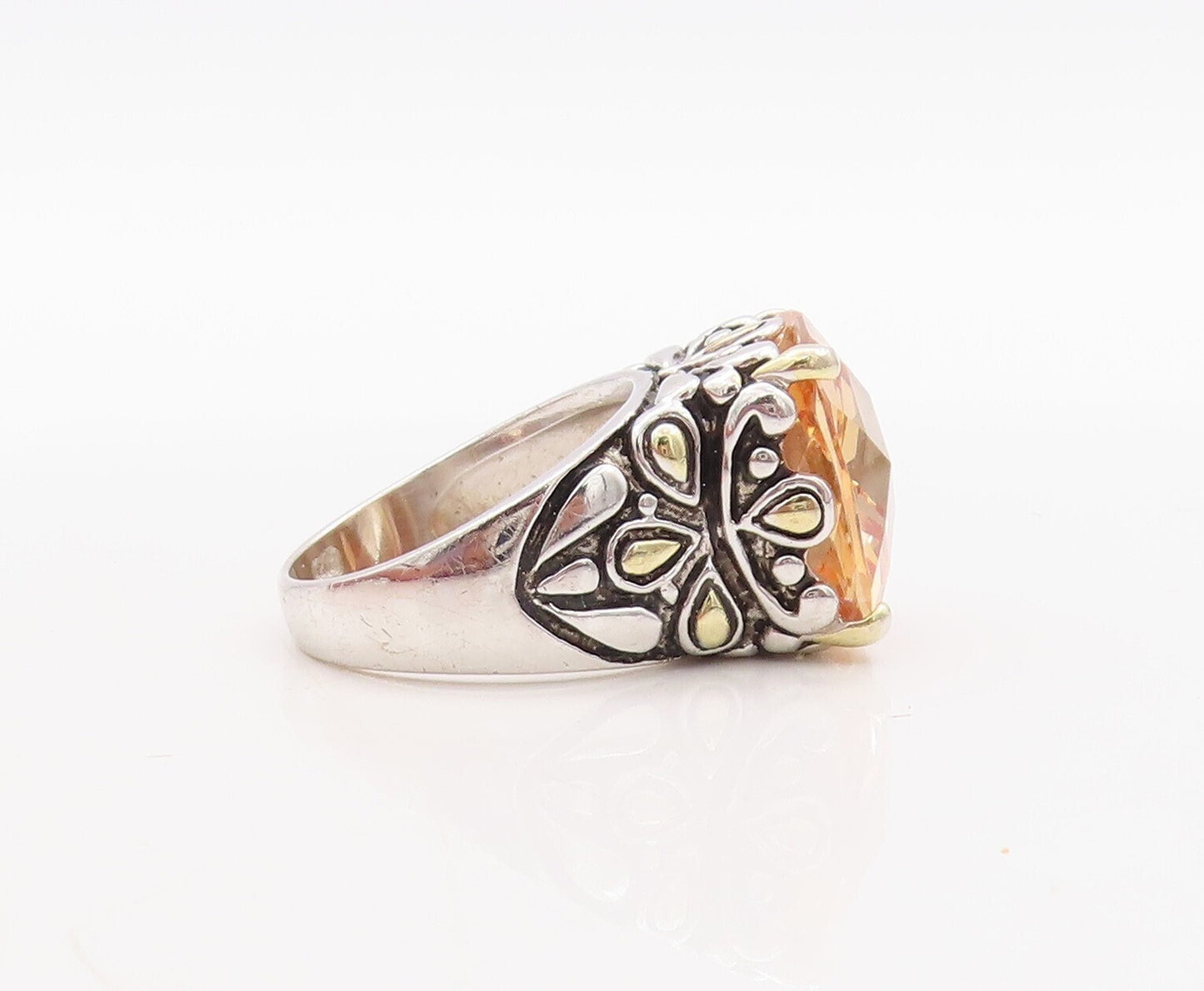 925 Sterling Silver Vintage Ring Floral Carved Square Morganite  Sz 8.5  RG31436