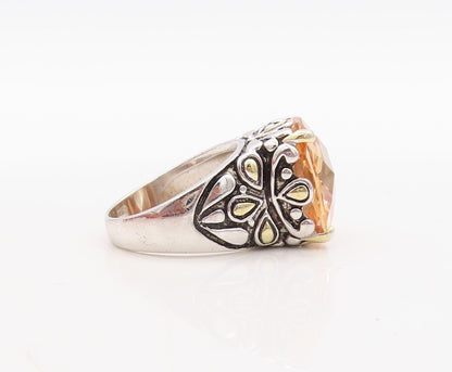 925 Sterling Silver Vintage Ring Floral Carved Square Morganite  Sz 8.5  RG31436