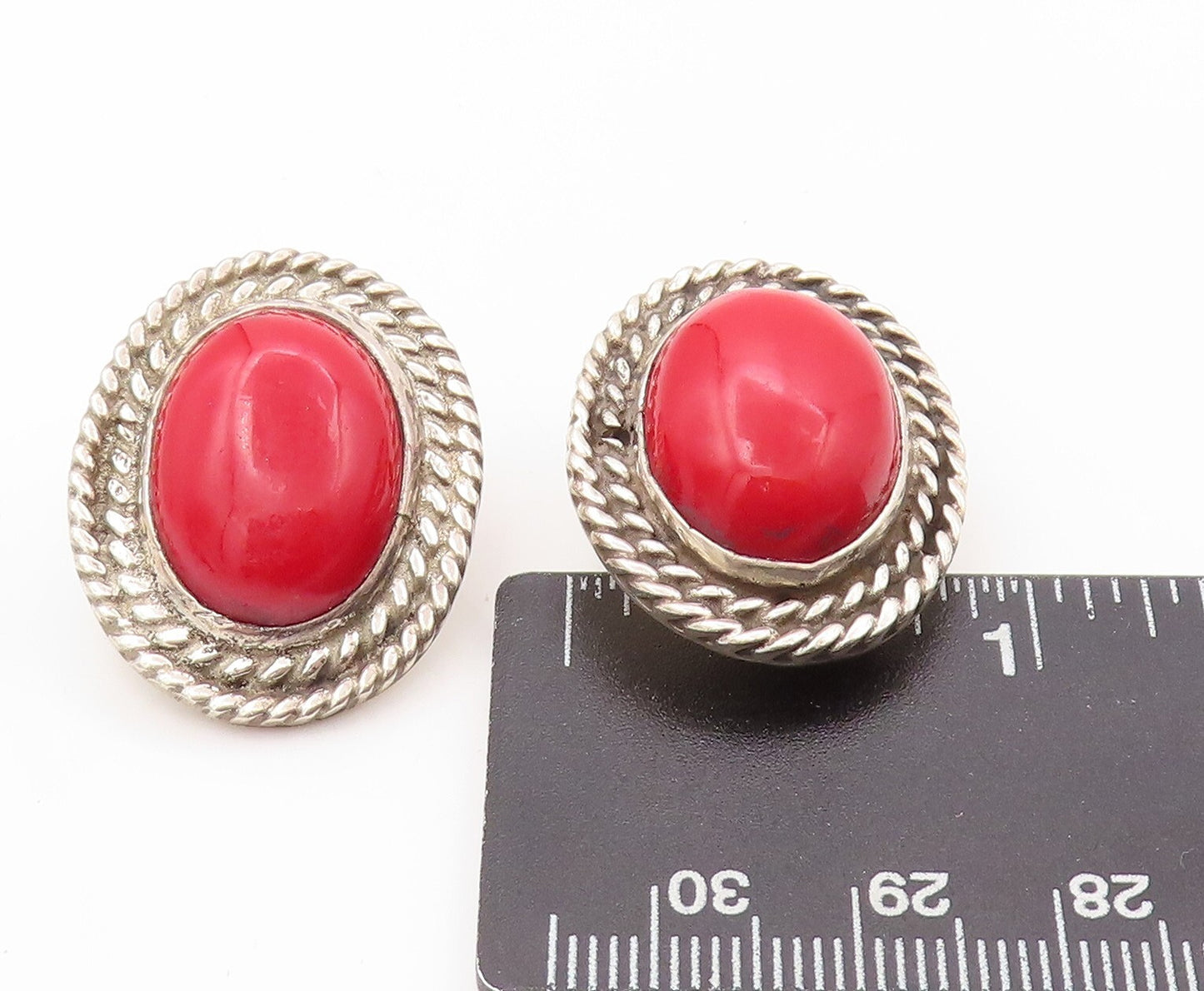 925 Sterling Silver Vintage Earrings MEXICO Oval Gemstone Roped Border EG13370