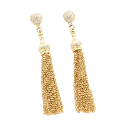 925 Sterling Silver Vintage Earrings Gold Plated CZ Chain Tassel Drop  EG14144