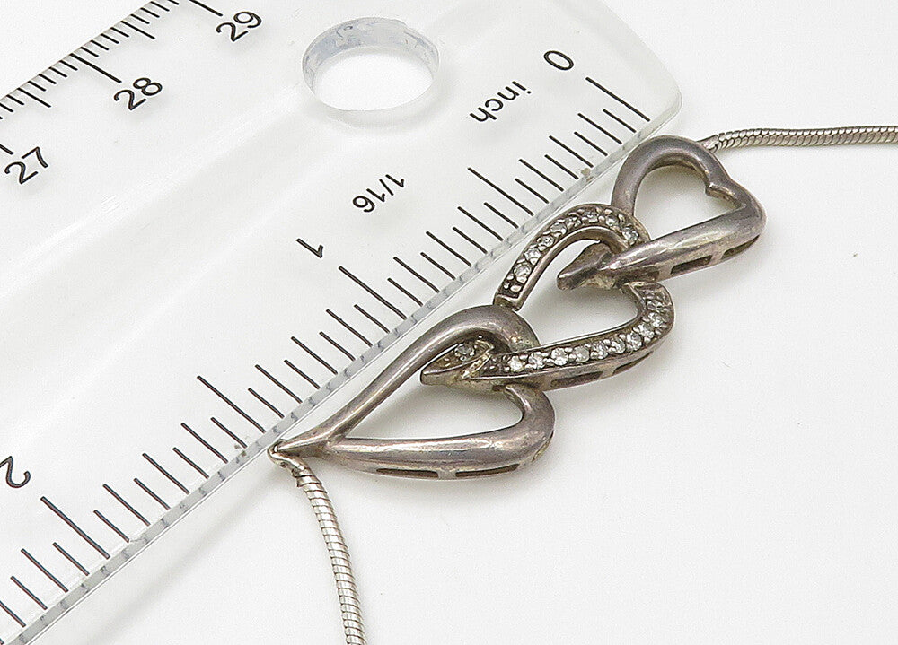 925 Sterling Silver  Vintage Genuine Diamonds Hearts Chain Necklace  NE3619