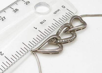 925 Sterling Silver  Vintage Genuine Diamonds Hearts Chain Necklace  NE3619
