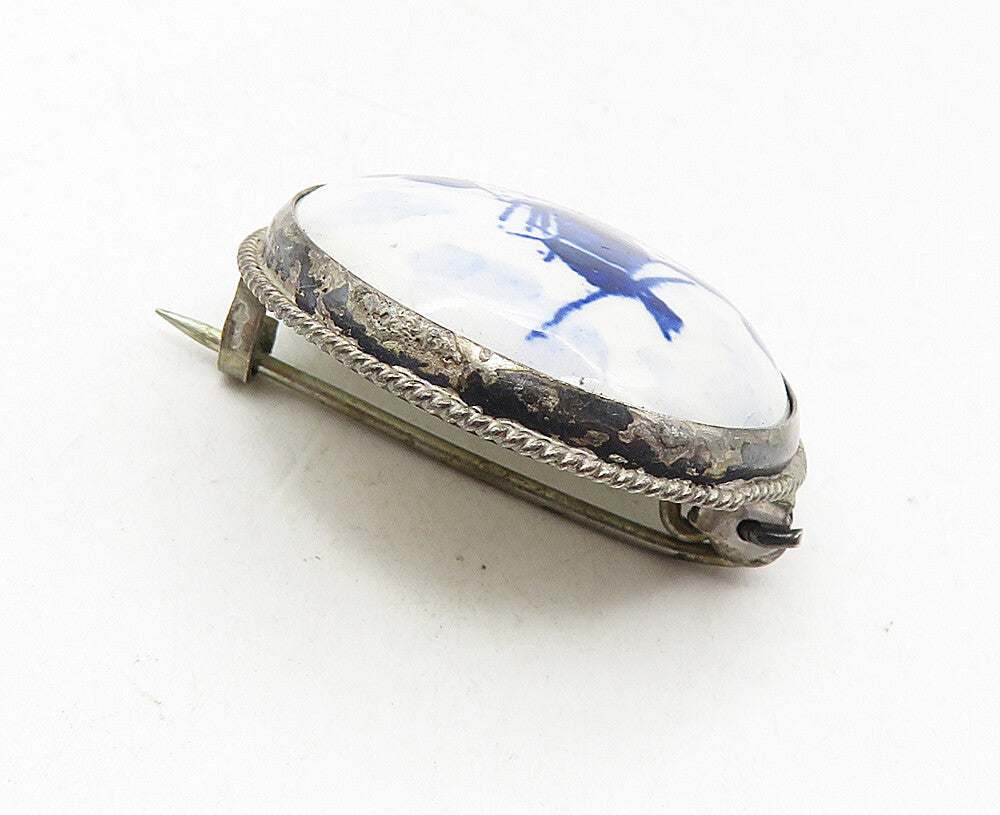 HOLLAND 925 Sterling Silver  Vintage Enamel Windmill Scene Brooch Pin  BP3495