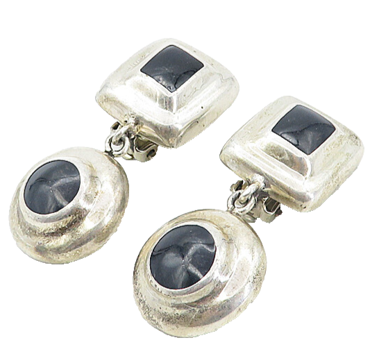 MEXICO 925 Sterling Silver  Vintage Black Onyx Non Pierce Earrings  EG4031