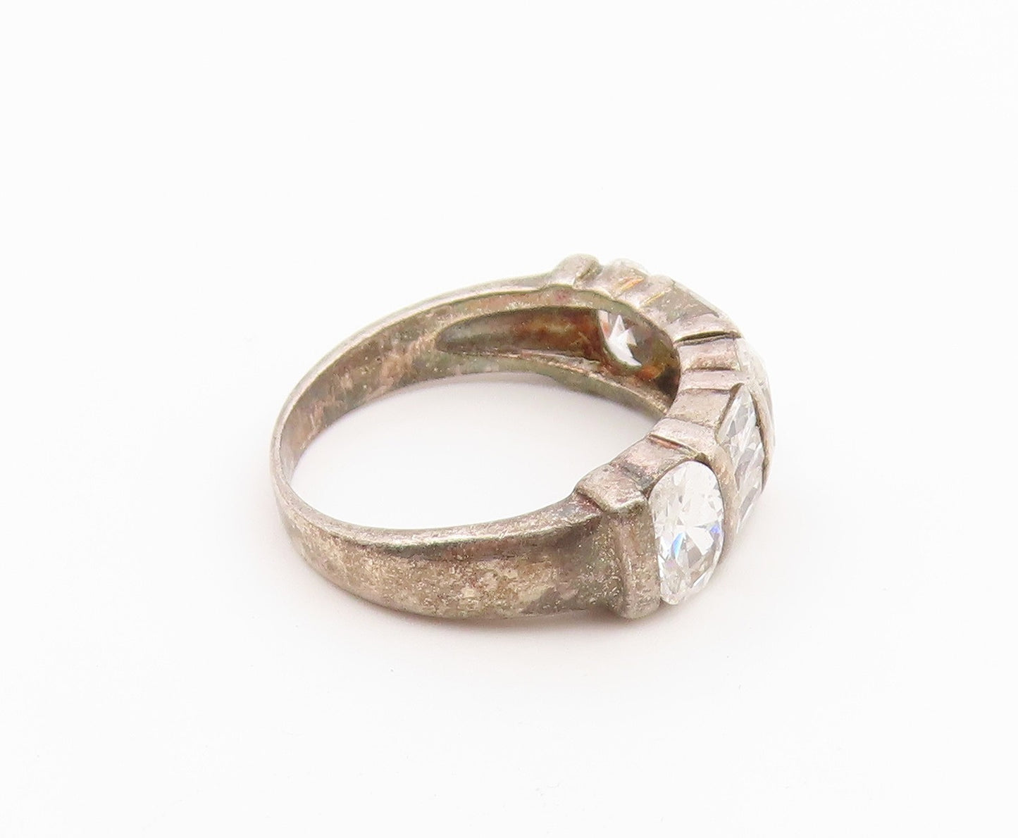 925 Sterling Silver Vintage Ring Modernist CZ Bar Segment Band  Sz 6  RG36848