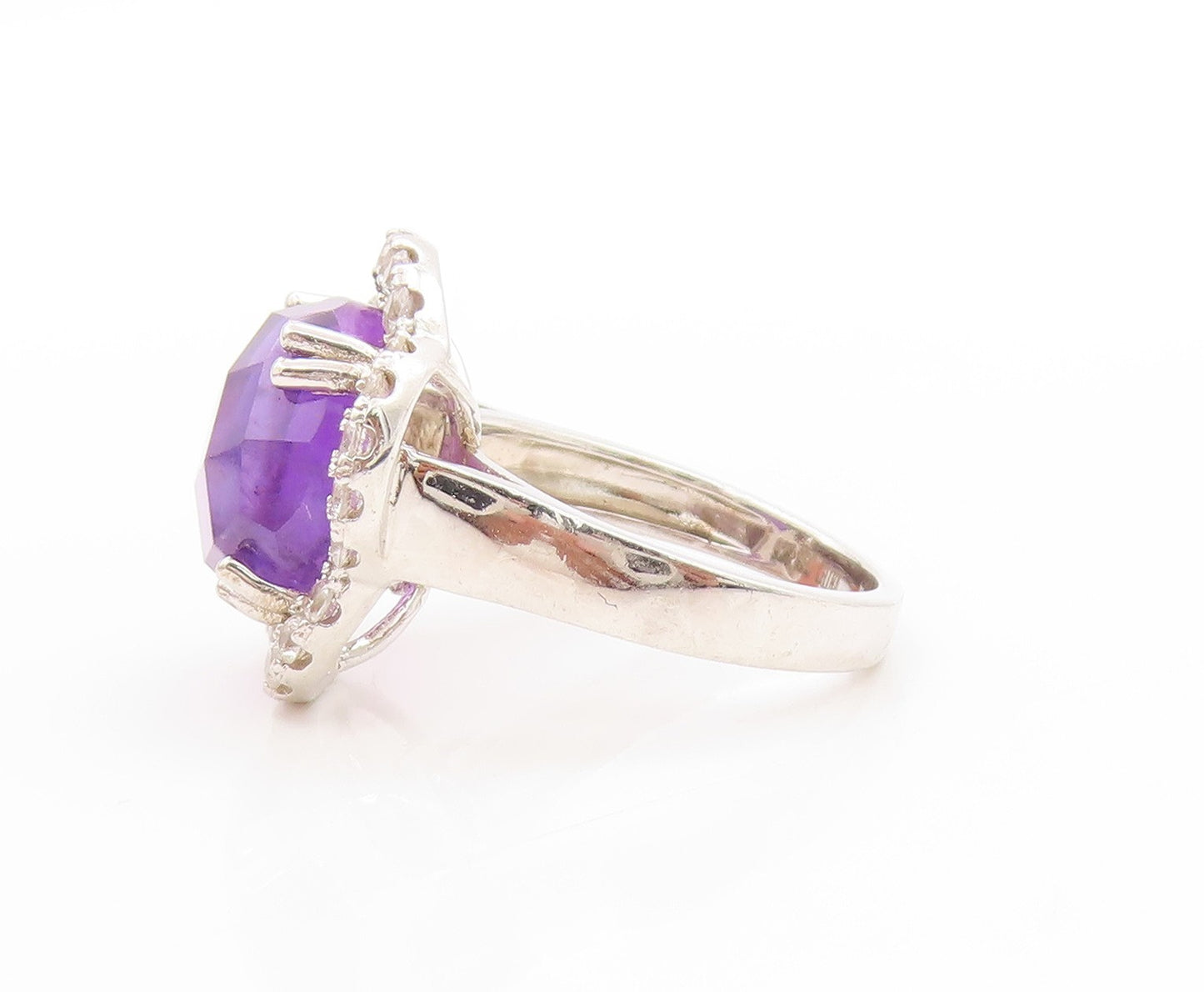 925 Sterling Silver Vintage Ring Amethyst & CZ Halo Floral Band  Sz 6  RG33731
