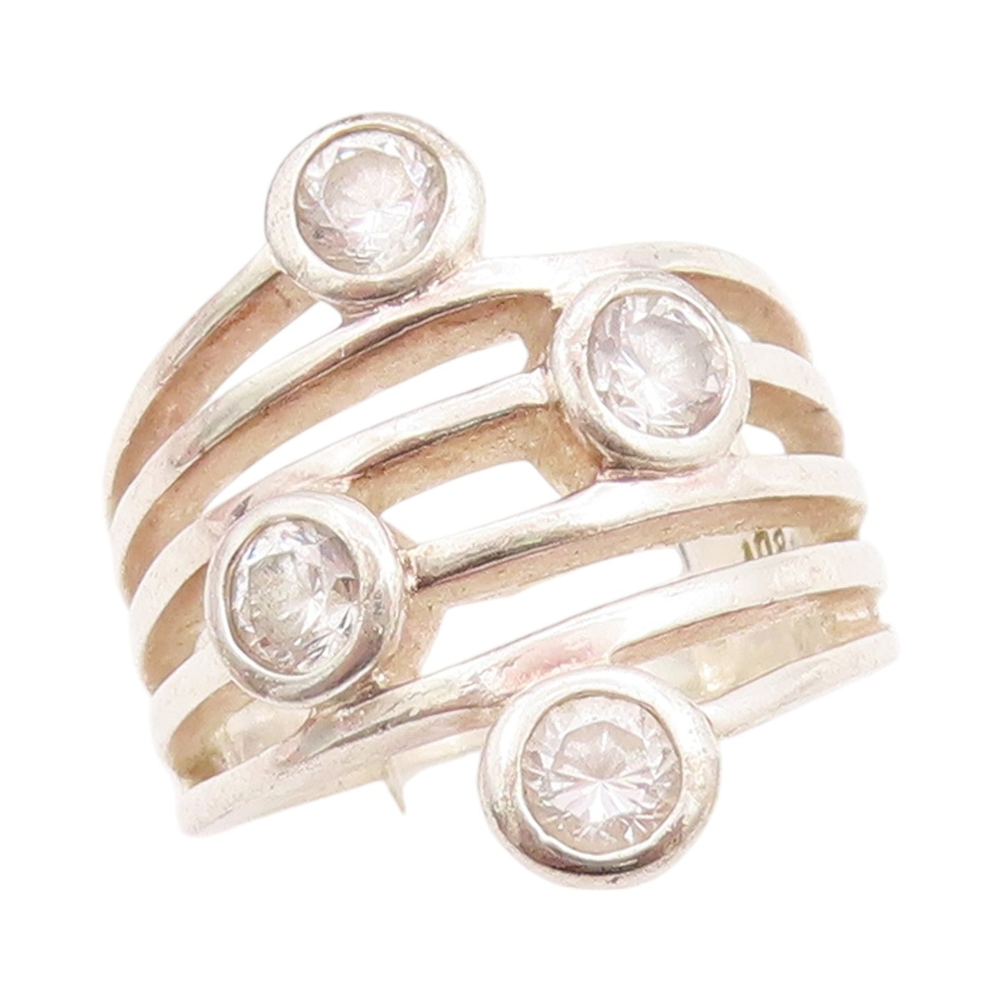 925 Sterling Silver Vintage Ring Round Cut Topaz Cutout Bands  Sz 6  RG33218