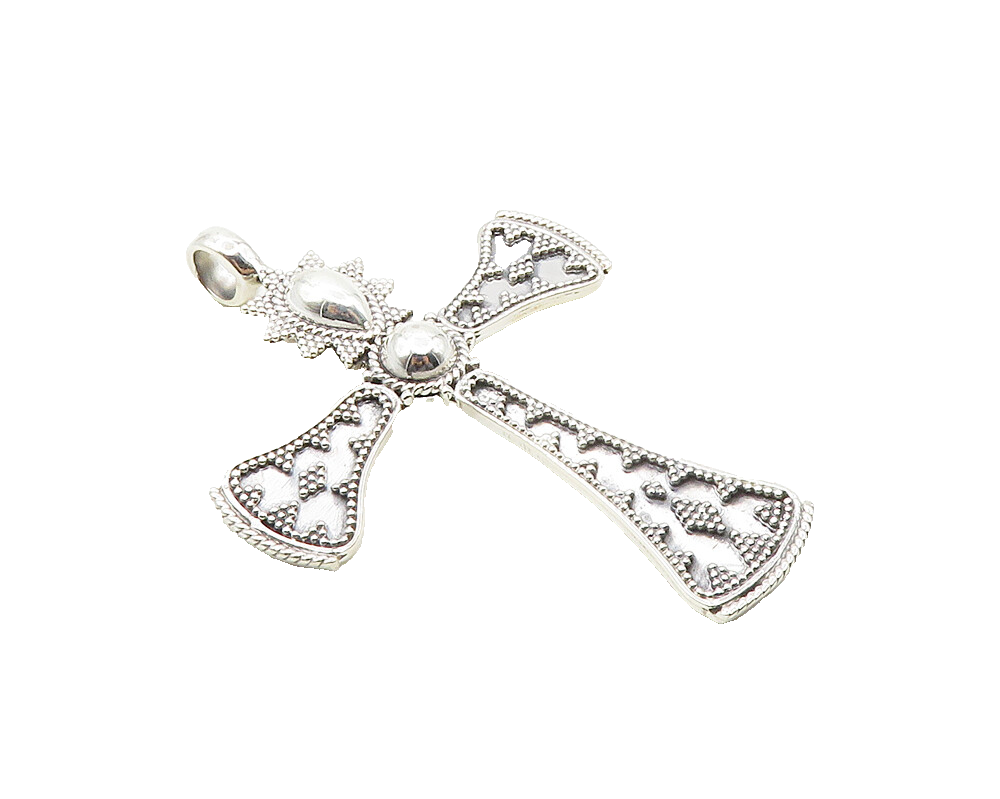 925 Sterling Silver  Vintage Shiny Patterned Religious Cross Pendant  PT7686