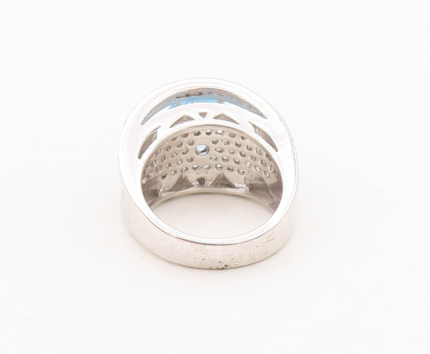 925 Sterling Silver Vintage Ring Designer Cutout Blue & White CZ  Sz 7  RG30398
