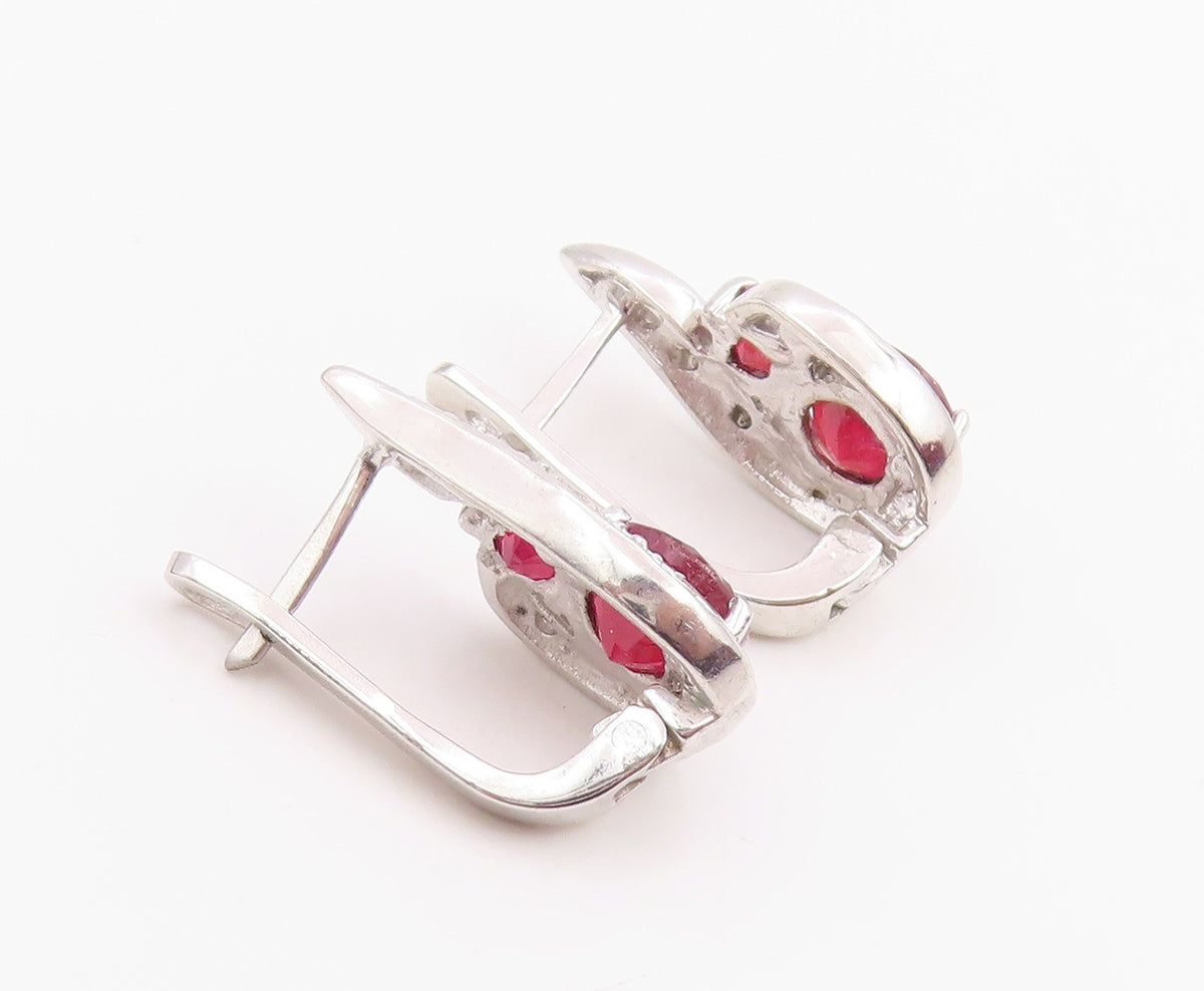925 Sterling Silver Vintage Earrings Real Diamonds & Ruby Swirl Drop  EG14214