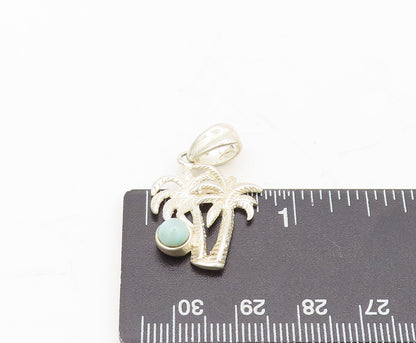 925 Sterling Silver Vintage Pendant Blue Turquoise Carved Coconut Tree  PT22464
