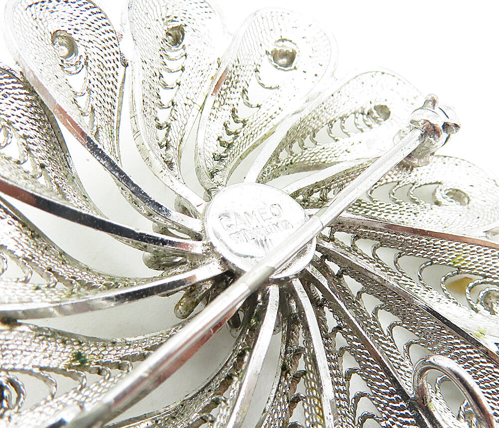CAMEO 925 Sterling Silver  Vintage Shiny Filigree Flower Brooch Pin  BP3445