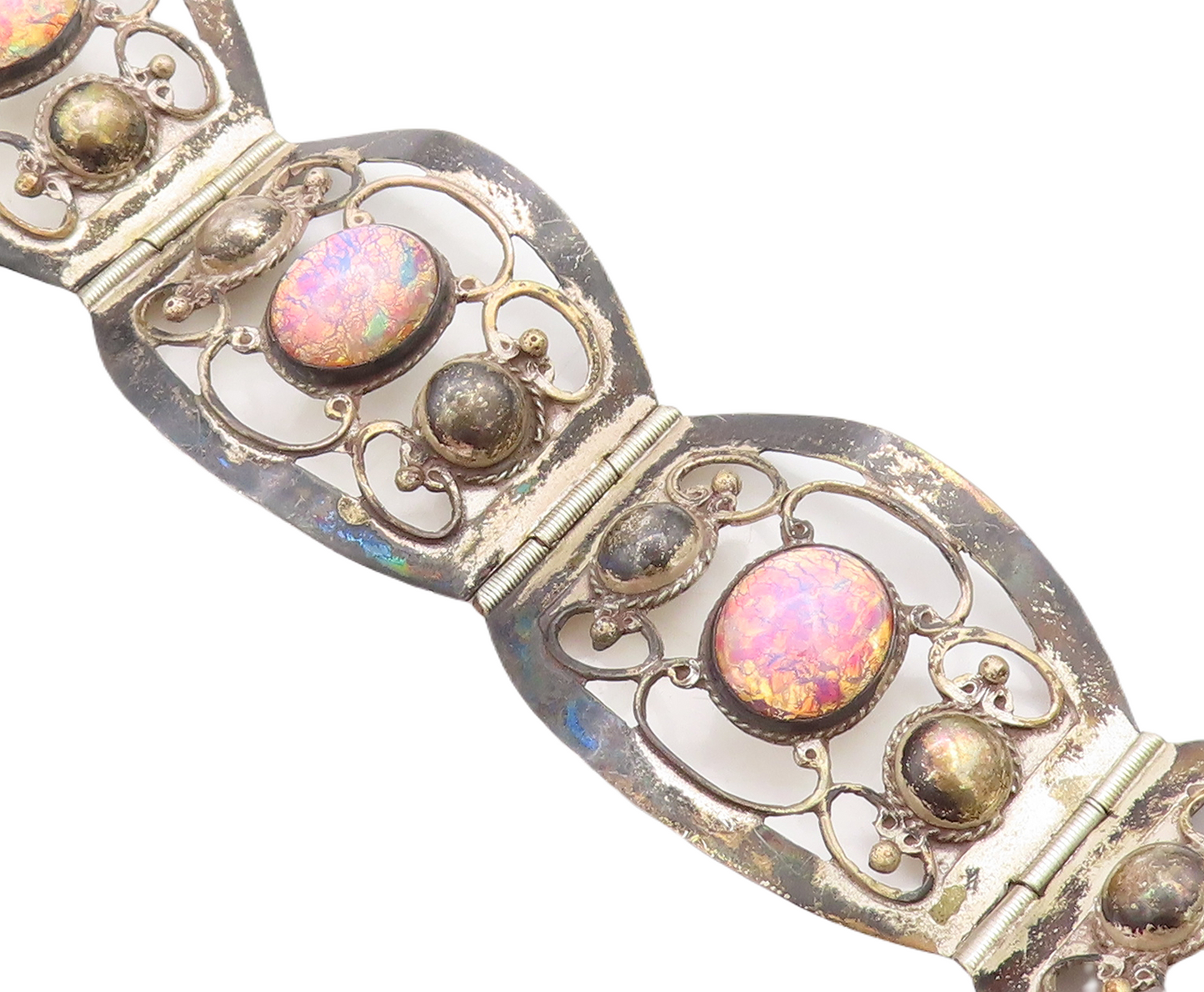 MEXICO 925 Sterling Silver Vintage Dragon's Breath Glass Chain Bracelet BT1893