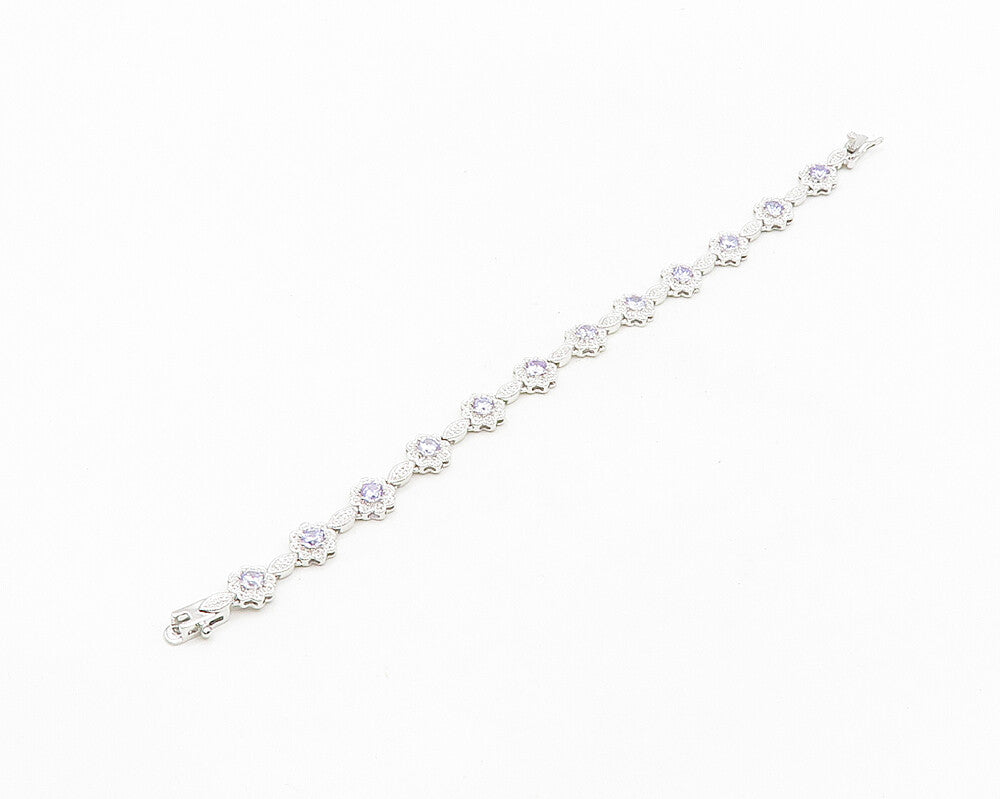 925 Sterling Silver  Shiny Purple Cubic Zirconia Floral Chain Bracelet  BT7365